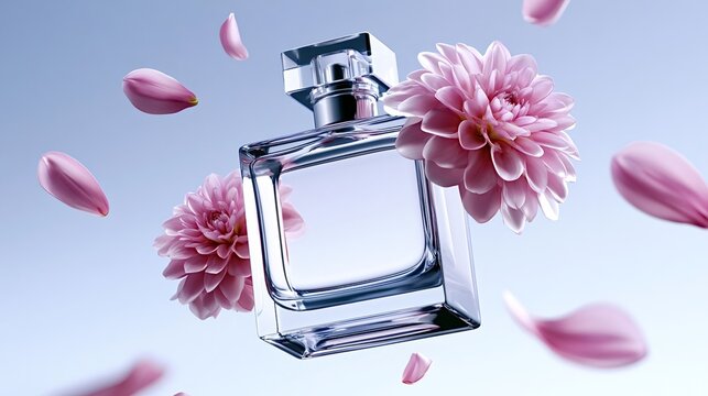 Elegant perfume bottle with a glass stopper displaying a clear liquid, surrounded by delicate pink dahlia flowers and falling petals, representing floral fragrance and luxury