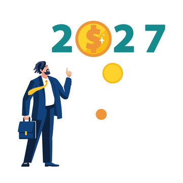 Business expert businessman analyzes financial market growth, dollars gold cents for new year 2027. Happy new year 2027, calendar, background, people, happy holiday, economy, design, vector illustrati