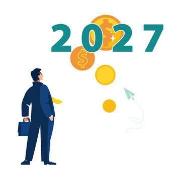 Business expert businessman analyzes financial market growth, dollars gold cents for new year 2027. Happy new year 2027, calendar, background, people, happy holiday, economy, design, vector illustrati