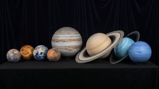 Miniature scale models of the eight planets in the solar system displayed against a black background for educational purposes