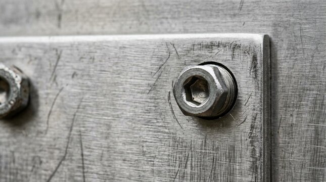 Macro close-up of brushed stainless steel metal plate with hex socket screws, industrial texture background, soft natural lighting showing scratches and metallic finish detail