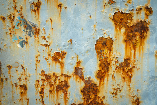 Close-up of a heavily rusted blue metal surface with orange corrosion stains, peeling paint, and distressed industrial texture.