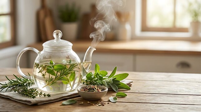 Clear glass teapot with fresh green herbs brewing tea on a rustic wooden table in a sunny kitchen. herb infusion demo