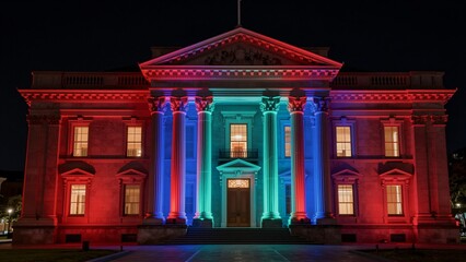 Fototapeta premium A grand neoclassical building bathed in vibrant red and blue neon lights against a dark night sky, showcasing its majestic columns and symmetrical facade.