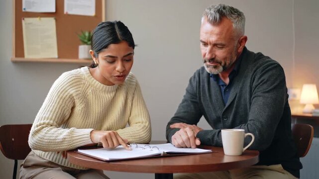 Pointing woman wearing cream sweater explaining binder to man at office table with coffee mug
