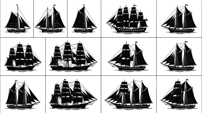 Vintage nautical sailing ships and historical ocean vessels detailed black silhouette icons collection for marine logo design