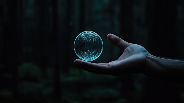 Mysterious glowing sphere held within a hand in a dark forest.