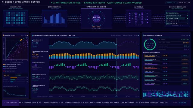 Futuristic AI energy optimization control center with glowing data analytics and autonomous decision dashboard in 4K. professional stock footage for technology, business, and editorial use.