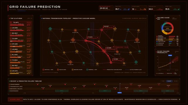 AI-powered 4K grid-failure prediction dashboard displaying national transmission infrastructure and cascade-risk visualization with real-time alerts. professional stock footage for technology,.