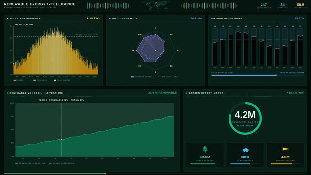 Modern renewable energy intelligence dashboard showing solar, wind, and hydro asset performance analytics in 4K with animated charts and global asset tracking.