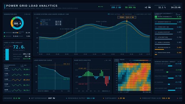 4K power grid load analytics dashboard with real-time energy metrics and predictive modeling tools for energy regulators. professional stock footage for technology, business, and editorial use.