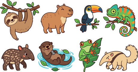Naklejka premium Cute Rainforest Animals Cartoon Vector Set with Sloth Capybara Toucan Chameleon Tapir Otter Tree Frog and Anteater Characters for Kids Nursery Illustrations
