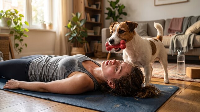 Exhausted woman resting on yoga mat at home with her playful dog holding a toy
