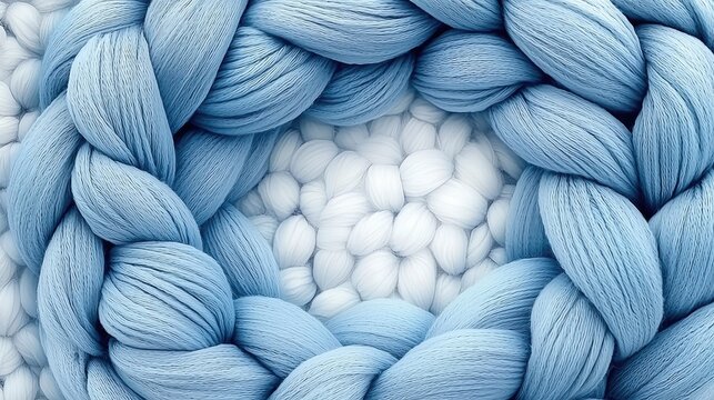 Intricate woven texture, light blue and white yarn circle.