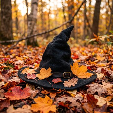 Pointed black witch hat resting on colorful autumn leaves in a golden forest