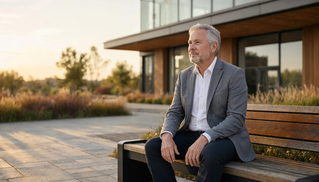Senior man in business suit sitting on wooden bench outdoors during golden hour reflecting on achievement