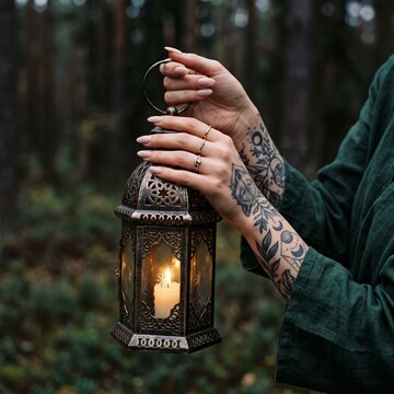 Tattooed hands holding a glowing vintage candle lantern in a dark mystical forest