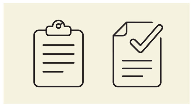 Minimalist graphic icons showing a clipboard and a document with a checkmark line icons task management minimalist design completed tasks office supplies business ico