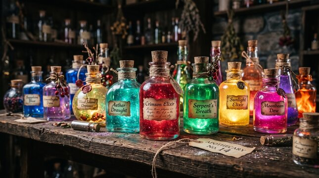 Magical glowing potion bottles on rustic table in fantasy apothecary workshop
