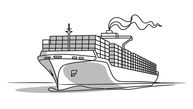 Black and white line art illustration of a large cargo container ship sailing on the sea Vector, illustration