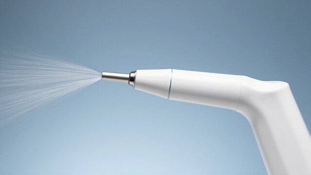 A close-up of an oral irrigator nozzle spraying a fine water stream against a soft blue background, highlighting dental hygiene technology.