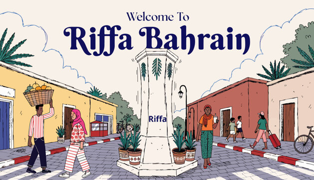 Welcome to Riffa, Bahrain - Vibrant street scene with diverse people and traditional architecture, illustration