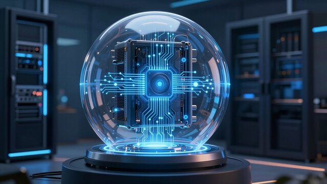 A glowing quantum computer encased in a transparent dome, surrounded by advanced tech and blue neon lights in a high-tech laboratory.