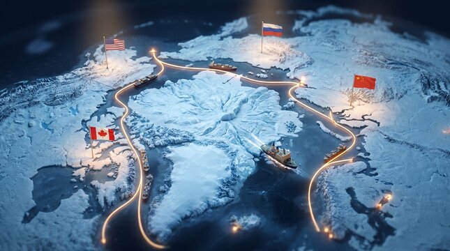 Arctic Ocean Relief Map with Icebreaker Ships and Route Network Strategic Concept
