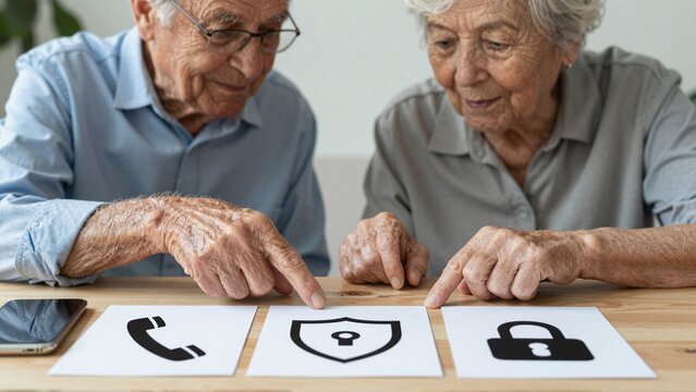 Senior couple reviews phone scam prevention symbols during digital safety training at home