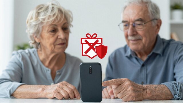 Senior couple learning to identify phone scams and fraudulent gift offers online