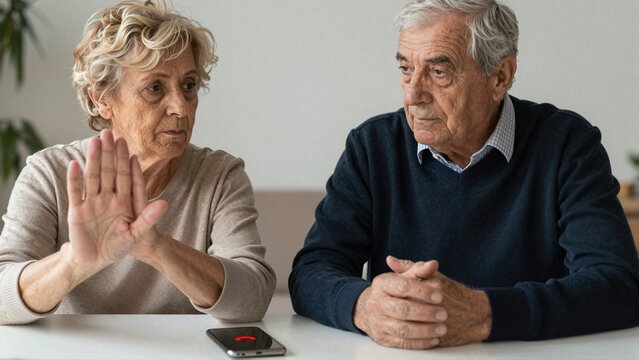 Senior couple practices rejecting a suspicious phone scam call during fraud awareness training