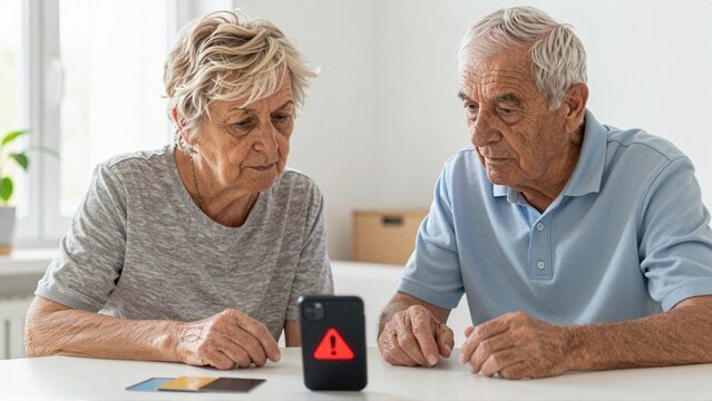 Senior couple learning to recognize a suspicious phone scam warning at home together