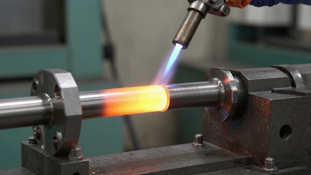 A metal pump shaft is being heated with a torch for surface hardening treatment inside an industrial facility.