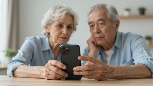 Concerned senior couple reviews suspicious smartphone messages to prevent digital fraud at home