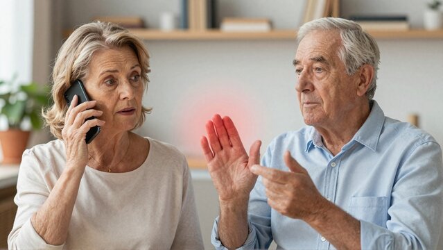 Senior couple practices recognizing a phone scam during a home safety training exercise