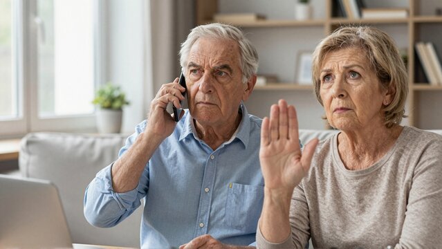 Senior couple spotting suspicious phone call during online scam awareness training at home
