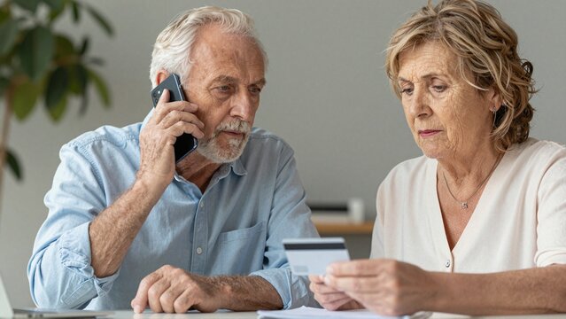 Concerned senior couple checking a credit card during suspicious phone call at home