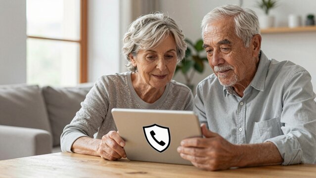 Senior couple practicing phone scam awareness training on digital tablet at home