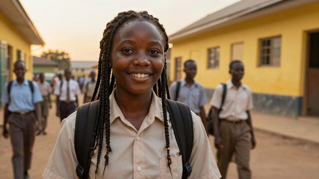 Young African girl in uniform walks through schoolyard with classmates during golden hour, carrying backpack and smiling confidently.