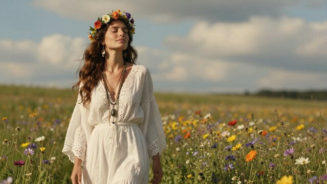A serene Latina fashion model wearing a white dress and flower crown stands peacefully among wildflowers under a cloudy sky.