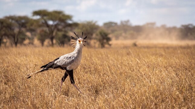A secretary bird walking through the dry golden grass of the open savanna plains with trees distant background grassy field trees bird walks across environment ornithology grassland landscape