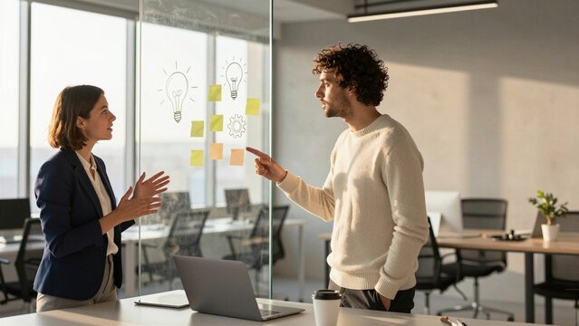 Two colleagues collaborate during an office brainstorming session, discussing concepts on a glass wall with lightbulb drawings and sticky notes.