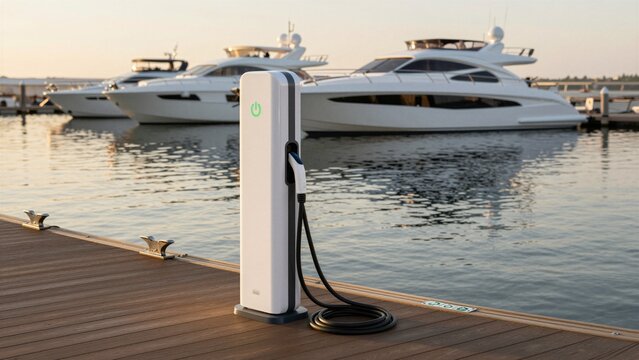 Modern electric boat charging station on wooden dock with luxury yachts in calm water during golden hour.