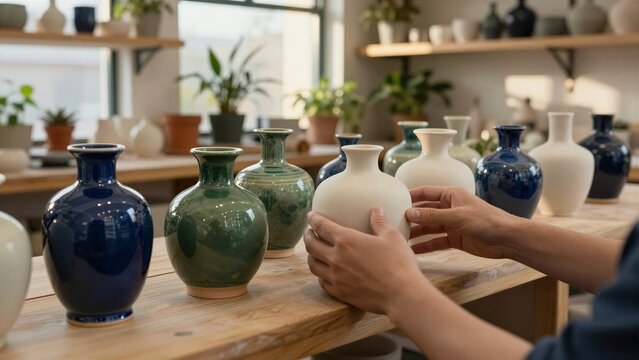 A person carefully choosing handcrafted ceramic vases displayed on wooden shelves amidst green plants and natural light.