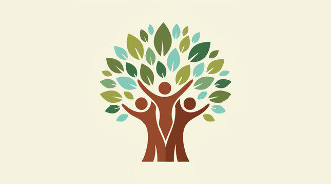 Three people forming a stylized tree with green leaves, symbolizing community and growth