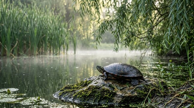 Small freshwater turtle resting on moss-covered rock at misty pond edge with reeds and overhanging willow branches in serene morning light