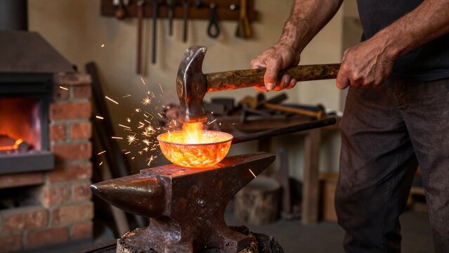 A skilled blacksmith hammers a glowing copper bowl on an anvil in a traditional forge workshop with sparks flying.