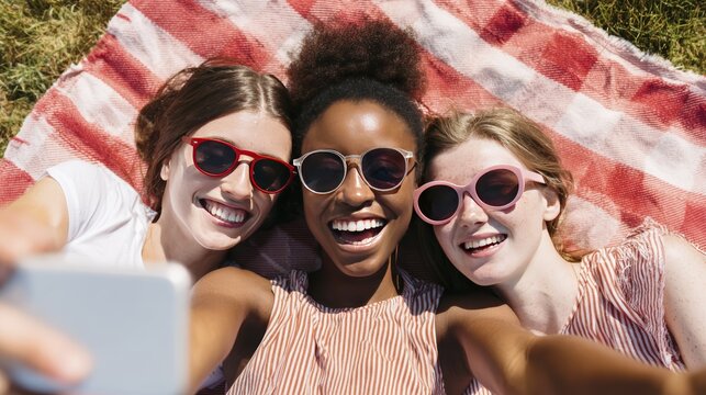 Joyful friends taking a selfie outdoors with sunglasses and smiles