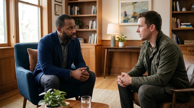 Black male therapist in blue blazer leaning forward with concerned expression while counseling a young man in a cozy professional office with bookshelves and warm lighting