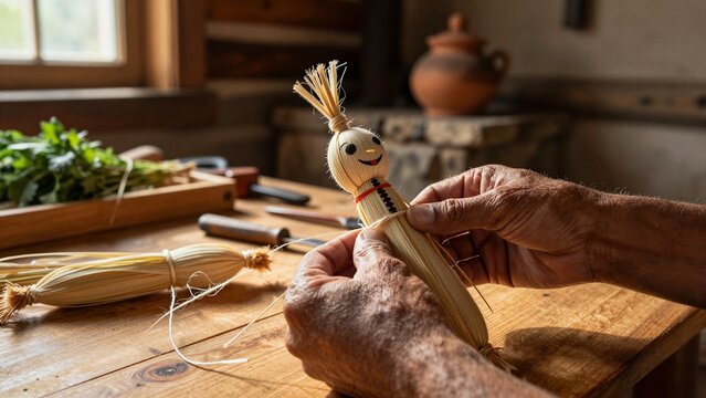 An artisan carefully weaves a traditional corn husk doll on a wooden table bathed in warm sunlight.